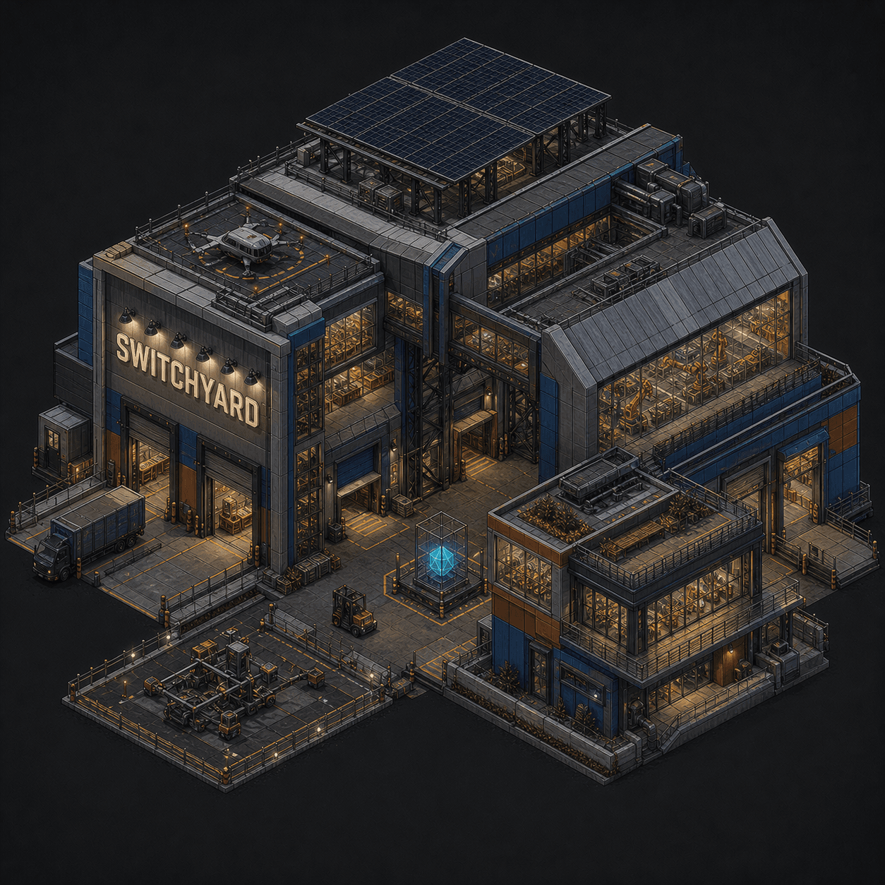 Isometric pixel-art headquarters of Switchyard