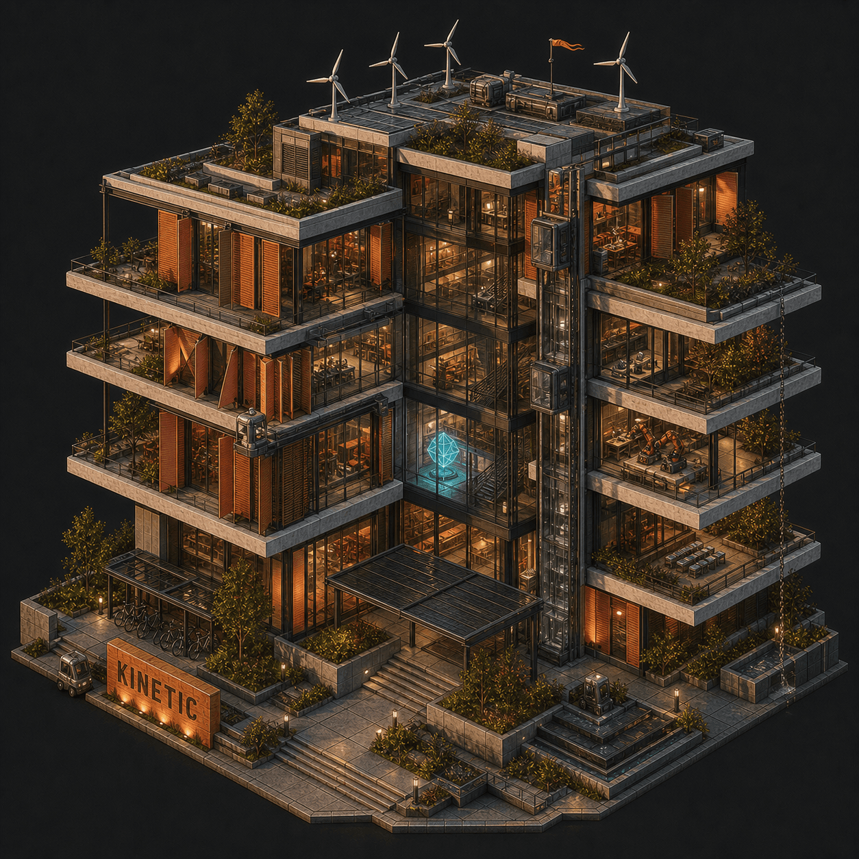 Isometric pixel-art headquarters of Kinetic