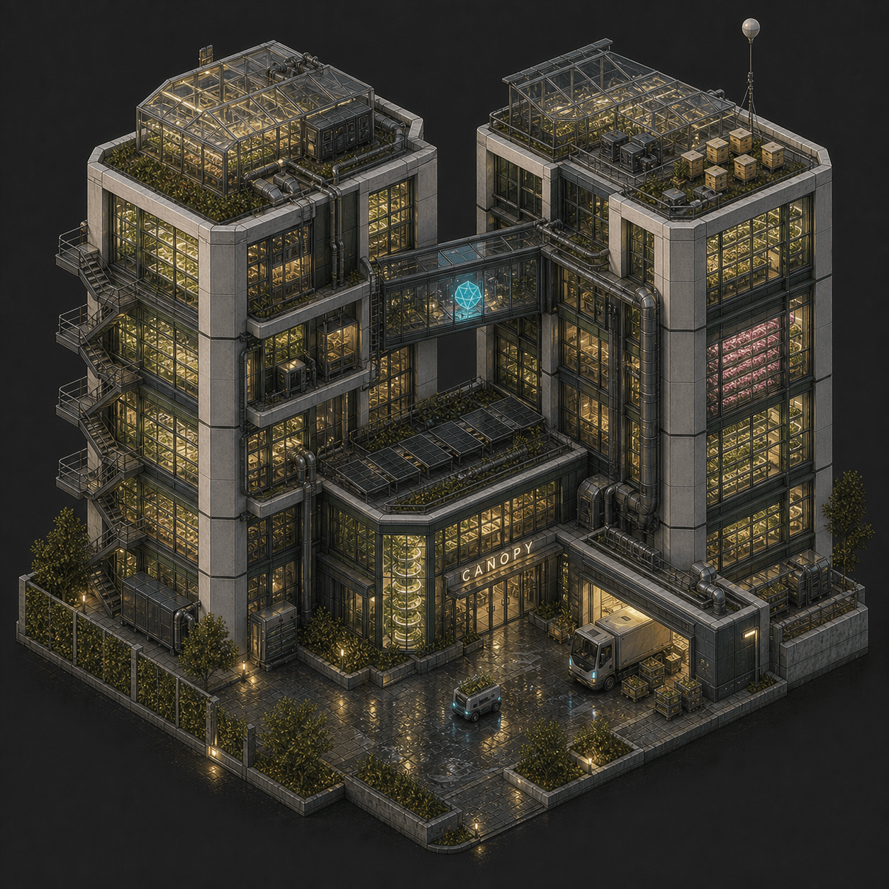 Isometric pixel-art headquarters of Canopy