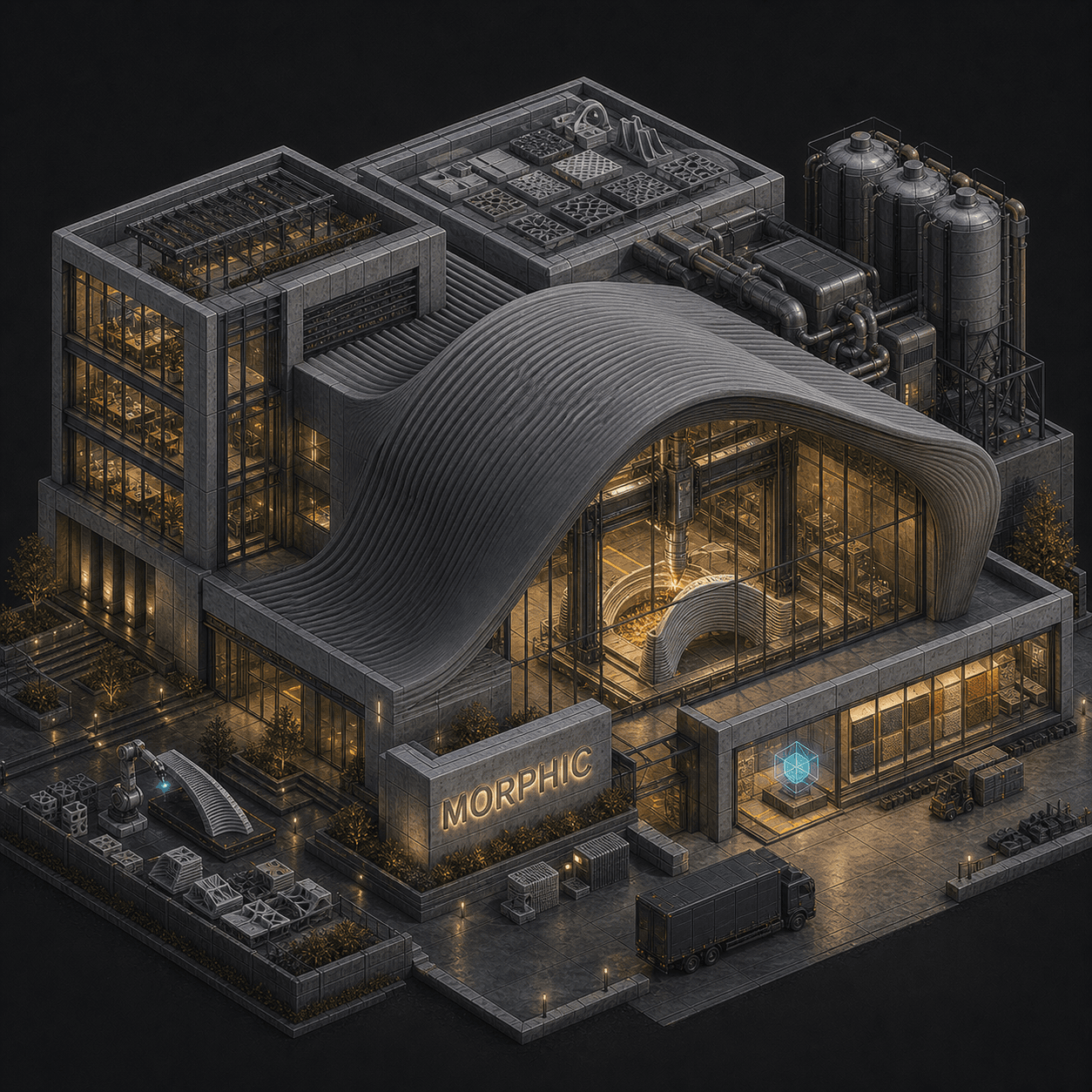 Isometric pixel-art headquarters of Morphic