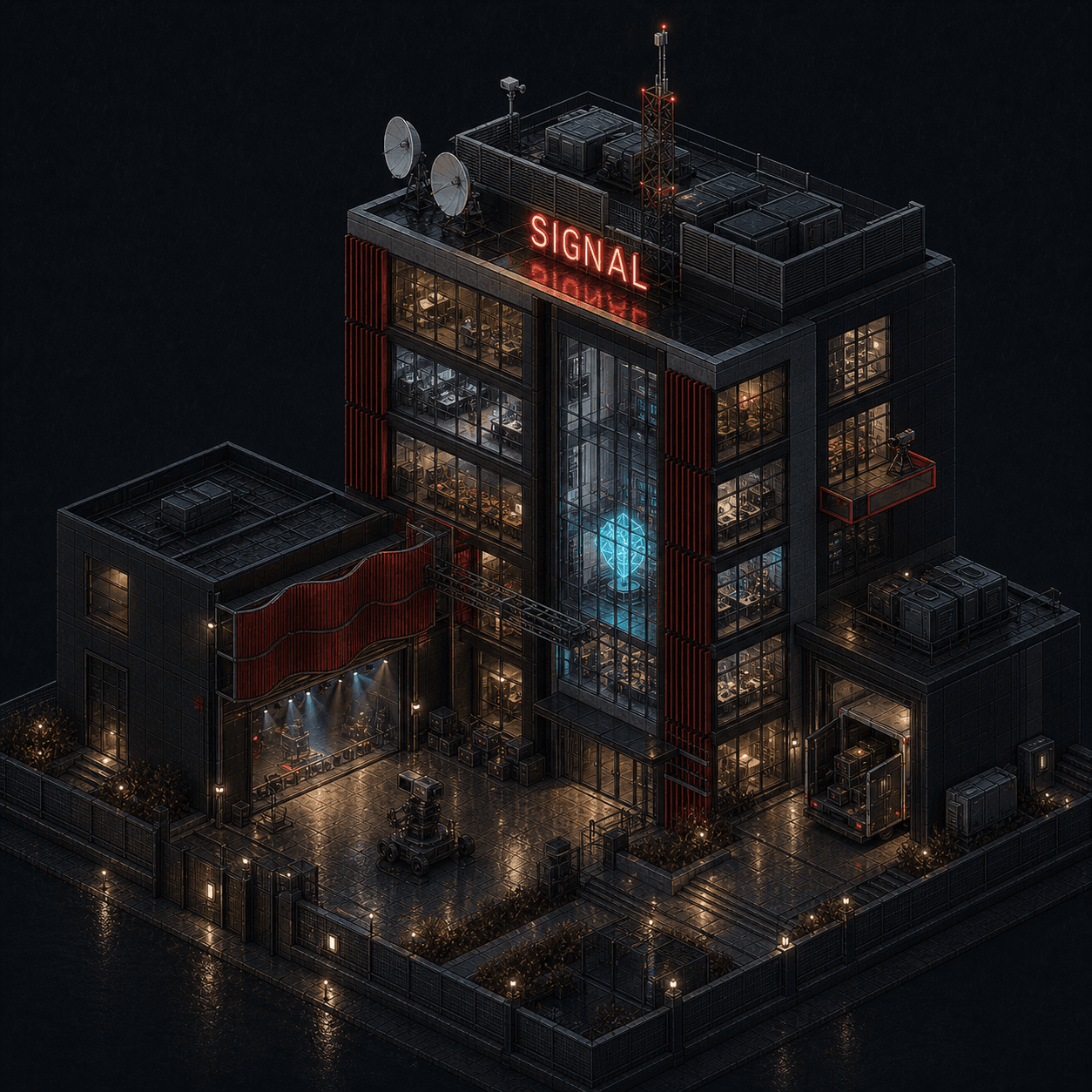 Isometric pixel-art headquarters of Signal