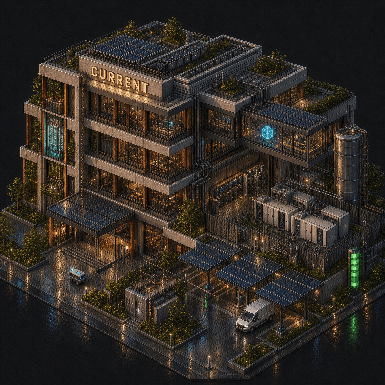 Isometric pixel-art headquarters of Current
