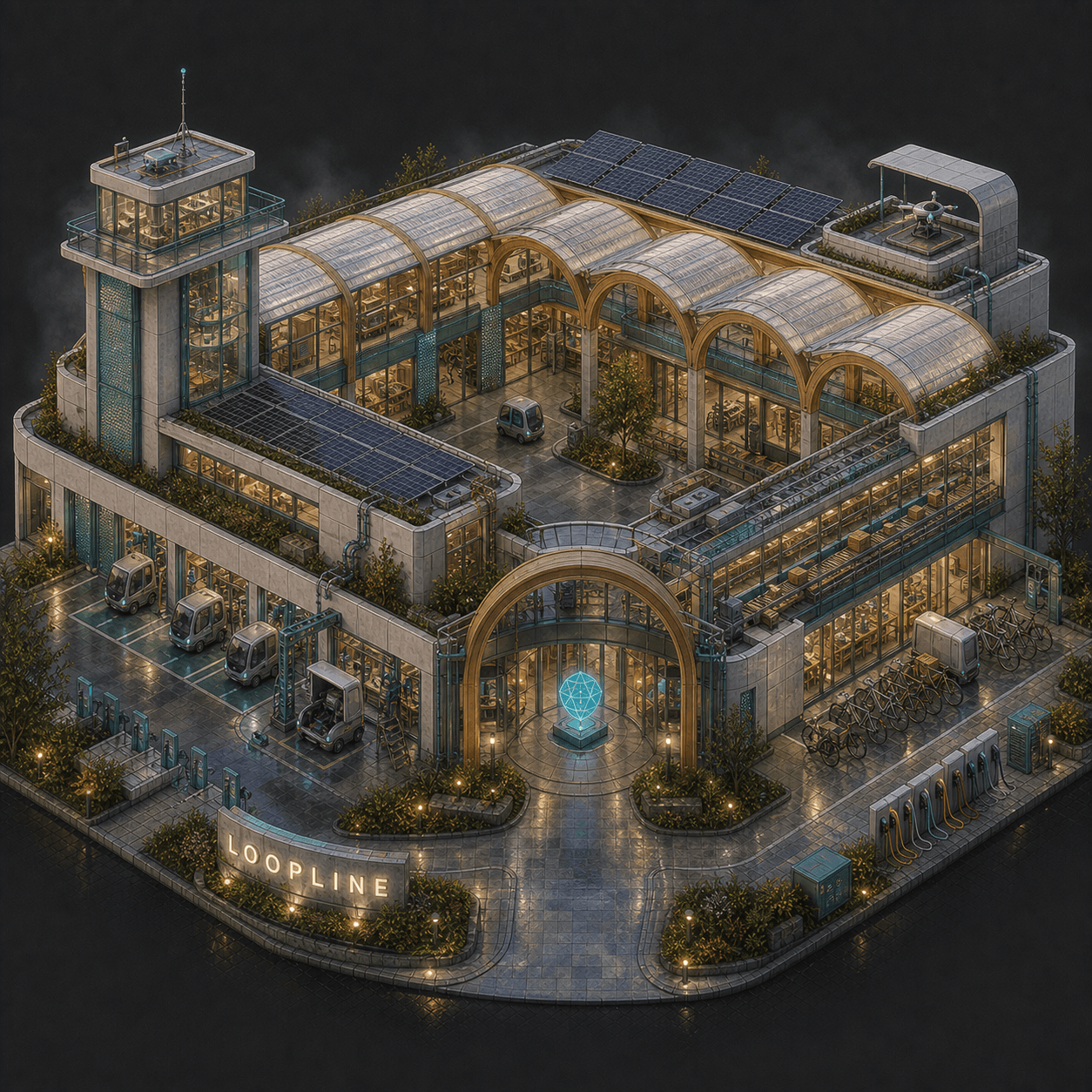 Isometric pixel-art headquarters of Loopline