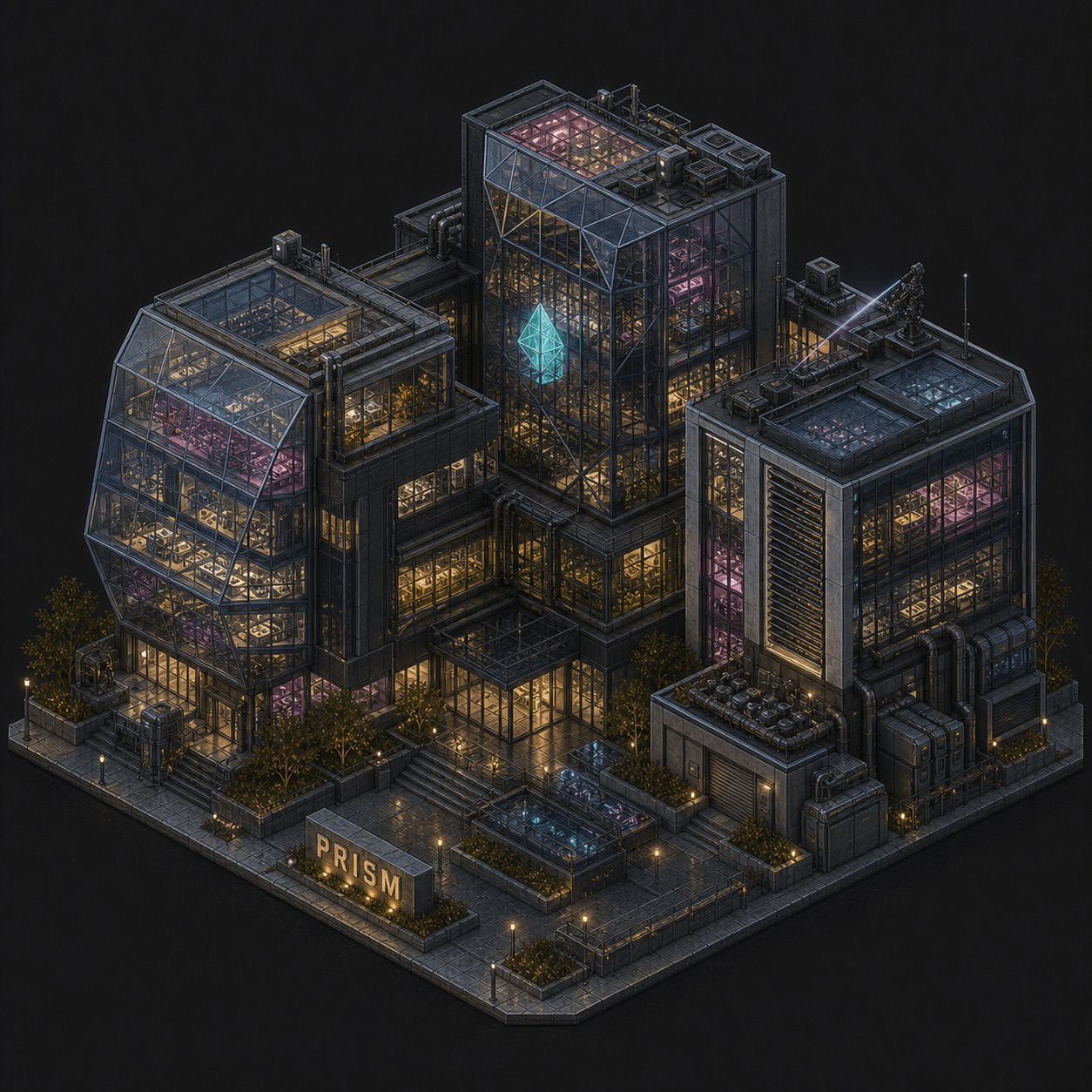 Isometric pixel-art headquarters of Prism
