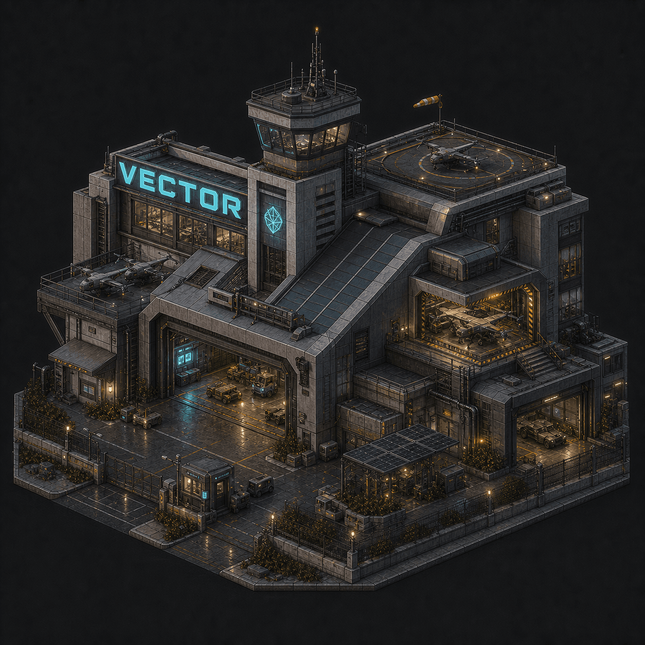 Isometric pixel-art headquarters of Vector