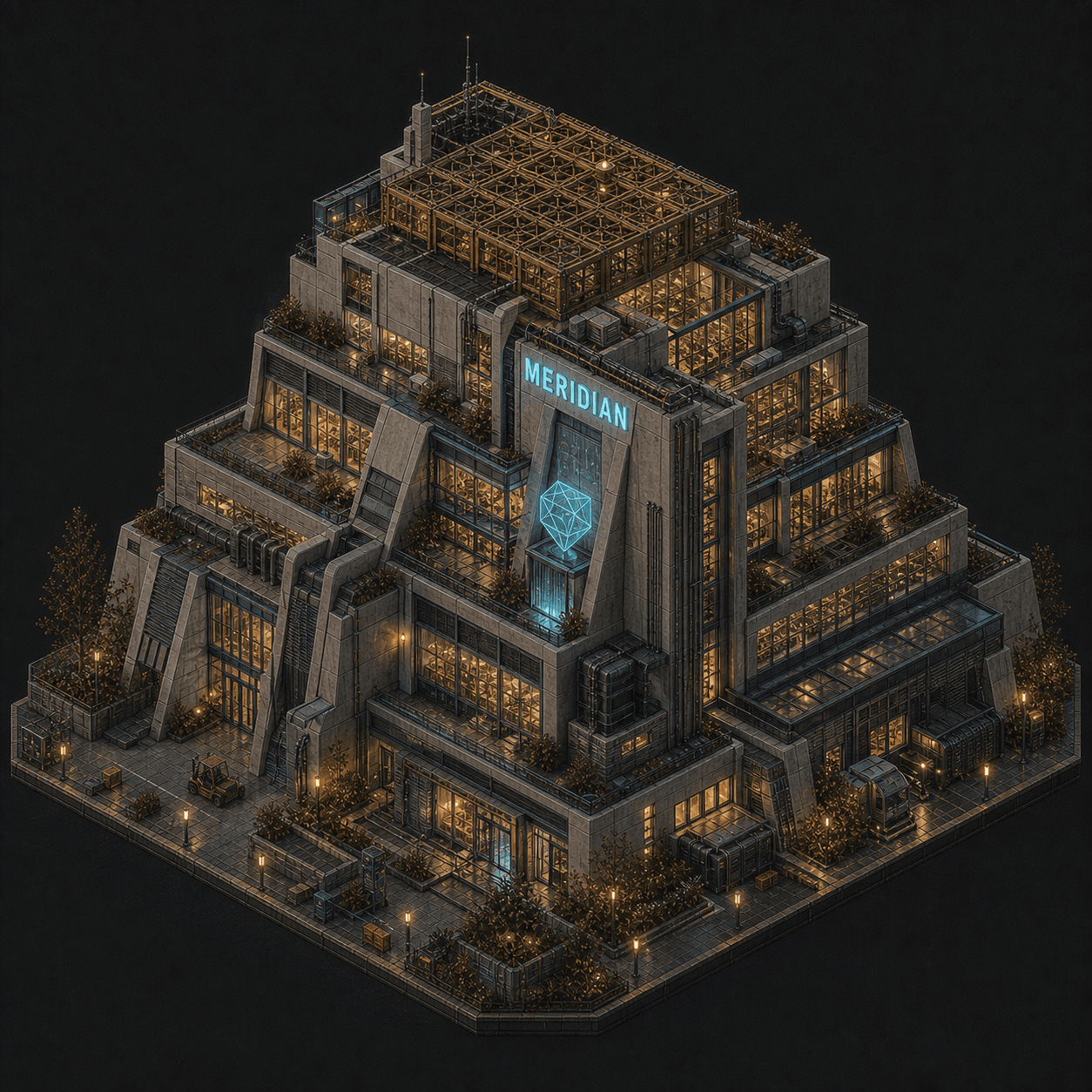 Isometric pixel-art headquarters of Meridian