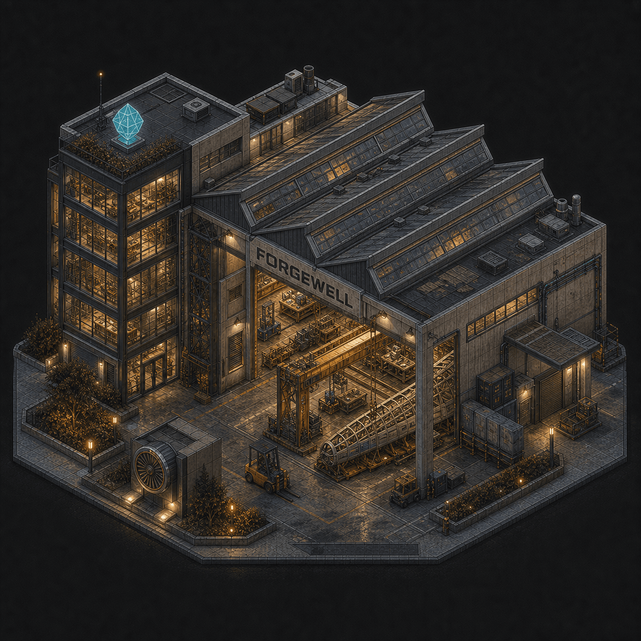 Isometric pixel-art headquarters of Forgewell