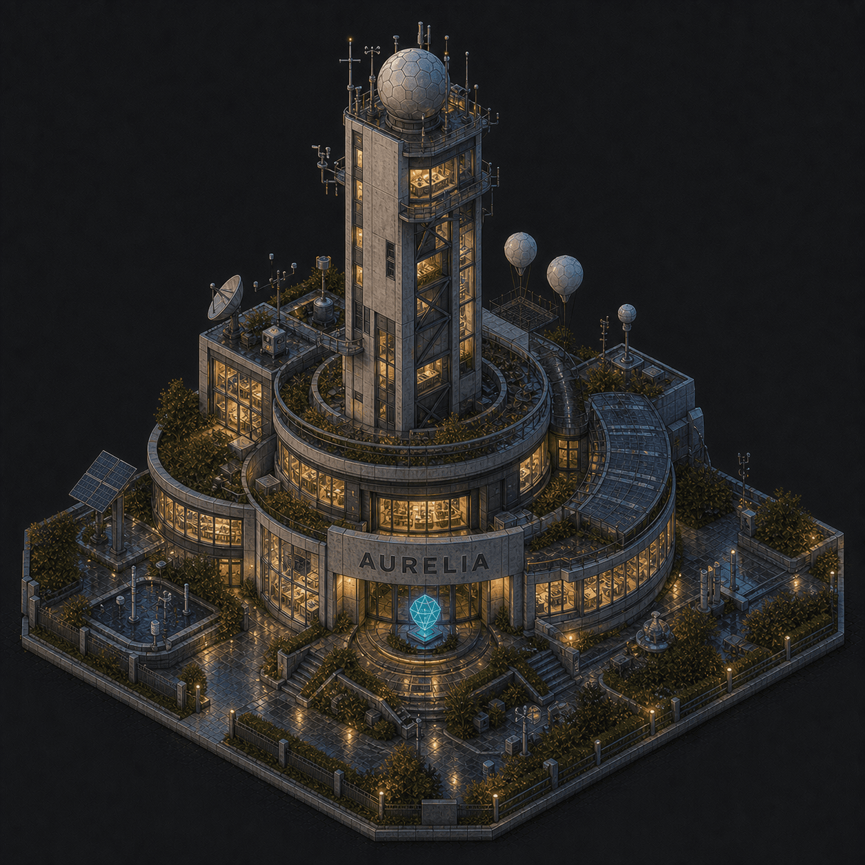 Isometric pixel-art headquarters of Aurelia