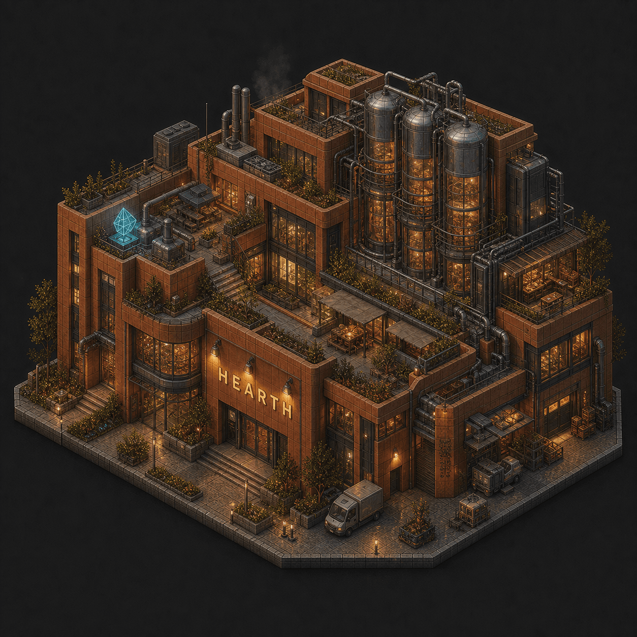 Isometric pixel-art headquarters of Hearth