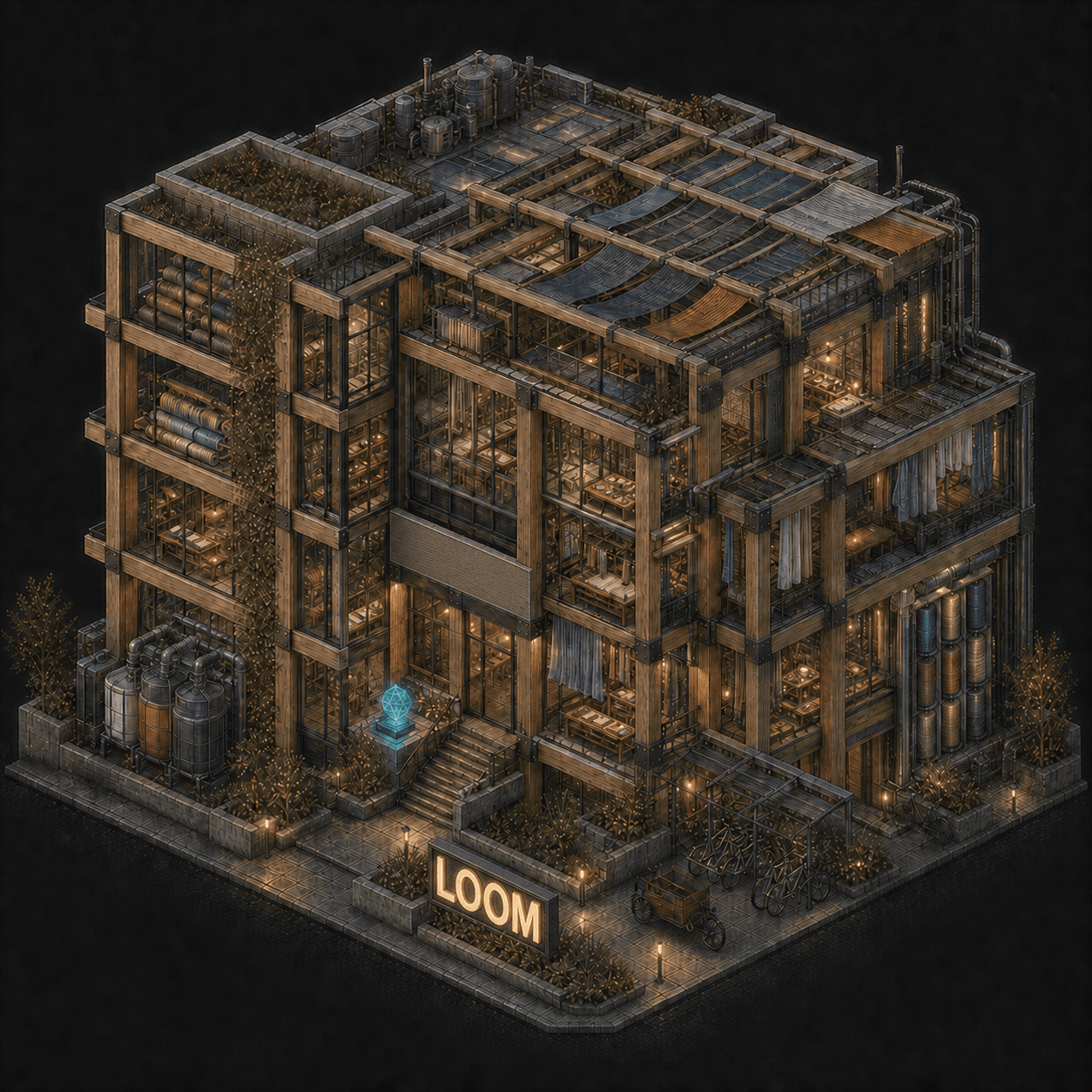 Isometric pixel-art headquarters of Loom
