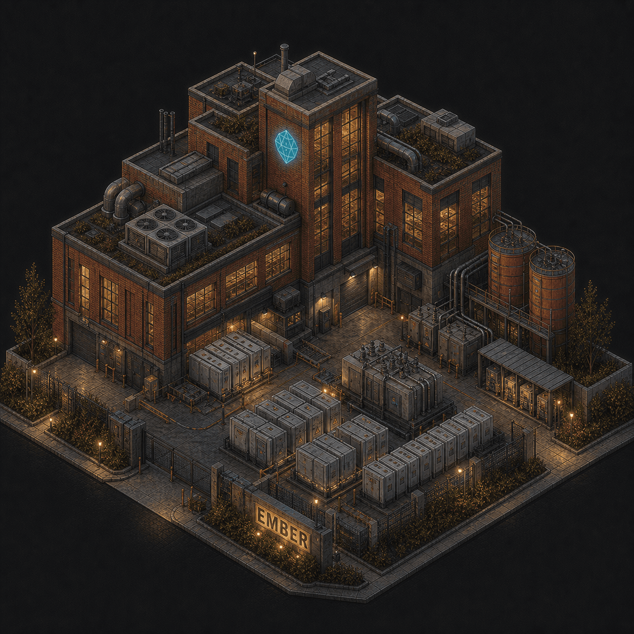 Isometric pixel-art headquarters of Ember