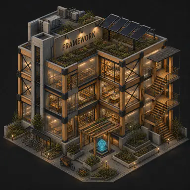 Isometric pixel-art headquarters of Framework