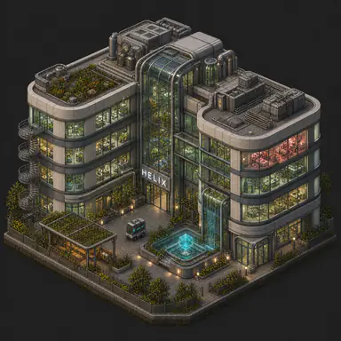 Isometric pixel-art headquarters of Helix