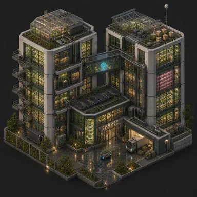 Isometric pixel-art headquarters of Canopy