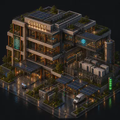Isometric pixel-art headquarters of Current