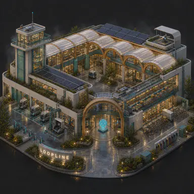 Isometric pixel-art headquarters of Loopline