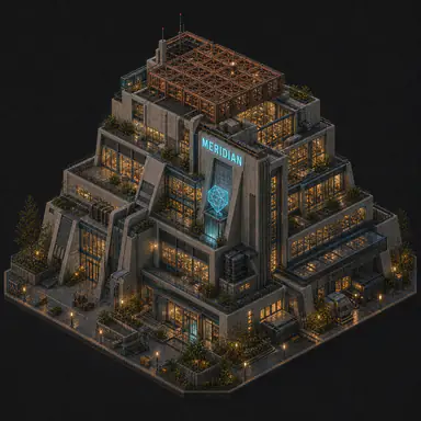 Isometric pixel-art headquarters of Meridian