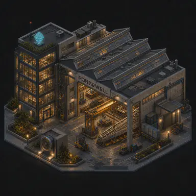 Isometric pixel-art headquarters of Forgewell