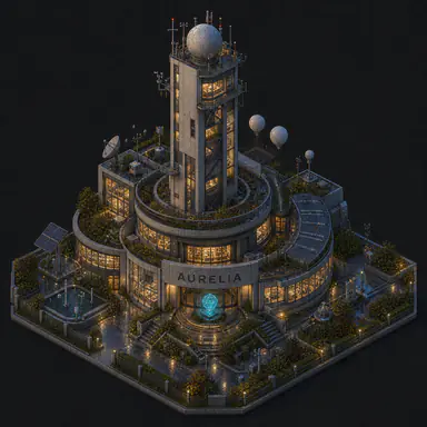 Isometric pixel-art headquarters of Aurelia