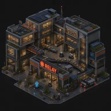 Isometric pixel-art headquarters of Relay