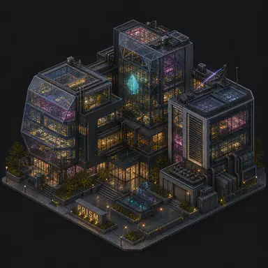 Isometric pixel-art headquarters of Prism