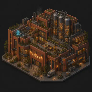 Isometric pixel-art headquarters of Hearth
