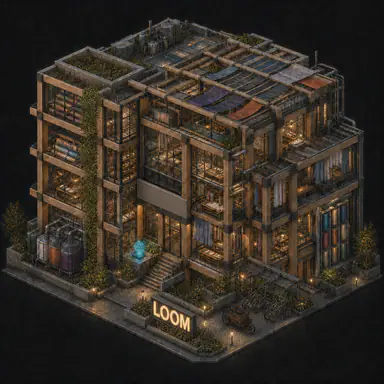 Isometric pixel-art headquarters of Loom