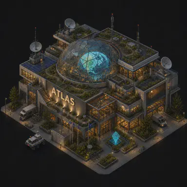 Isometric pixel-art headquarters of Atlas