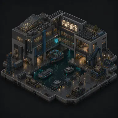 Isometric pixel-art headquarters of Harbor