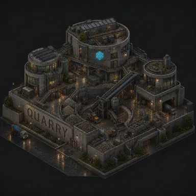 Isometric pixel-art headquarters of Quarry
