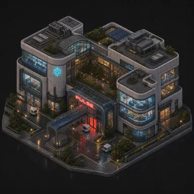 Isometric pixel-art headquarters of Pulse
