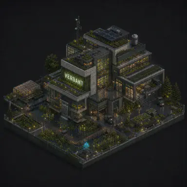 Isometric pixel-art headquarters of Verdant
