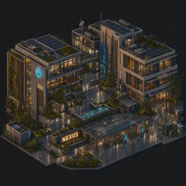 Isometric pixel-art headquarters of Nexus