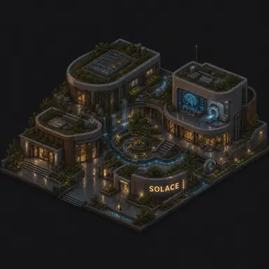 Isometric pixel-art headquarters of Solace