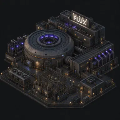 Isometric pixel-art headquarters of Flux