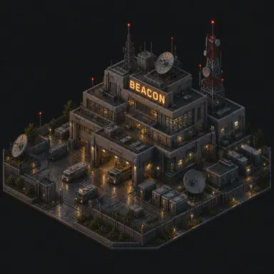 Isometric pixel-art headquarters of Beacon