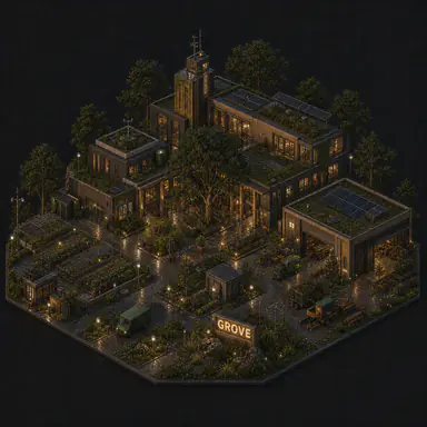 Isometric pixel-art headquarters of Grove