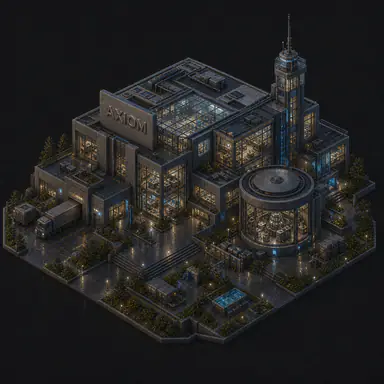 Isometric pixel-art headquarters of Axiom