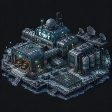 Isometric pixel-art headquarters of Drift