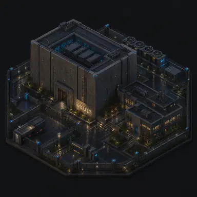 Isometric pixel-art headquarters of Vault