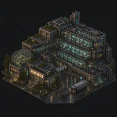 Isometric pixel-art headquarters of Synthesis