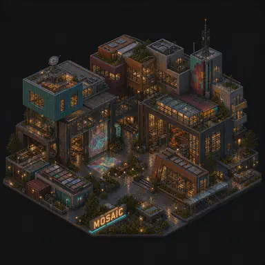 Isometric pixel-art headquarters of Mosaic