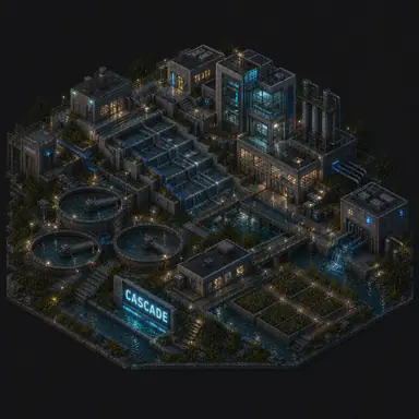 Isometric pixel-art headquarters of Cascade
