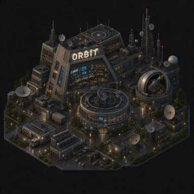 Isometric pixel-art headquarters of Orbit