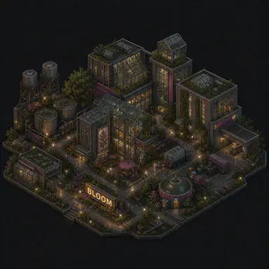 Isometric pixel-art headquarters of Bloom