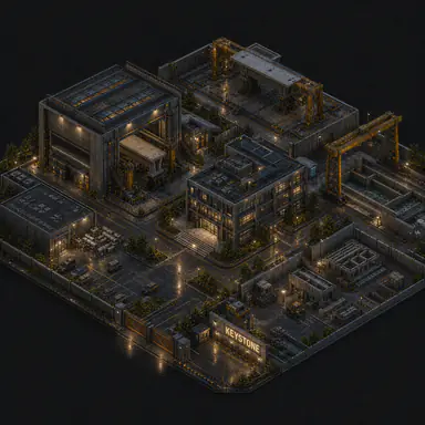 Isometric pixel-art headquarters of Keystone