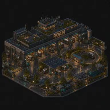 Isometric pixel-art headquarters of Roam