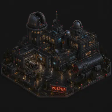 Isometric pixel-art headquarters of Vesper