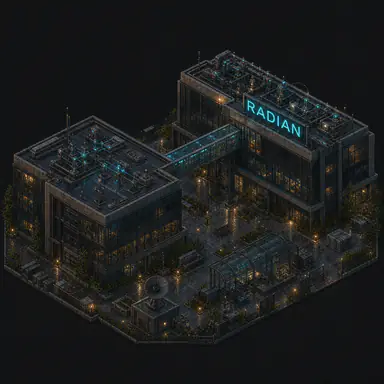 Isometric pixel-art headquarters of Radian