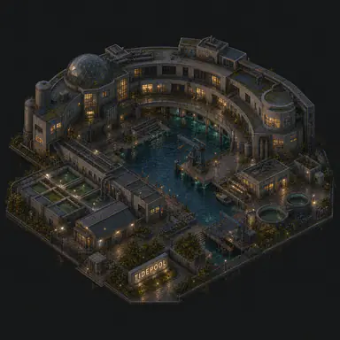 Isometric pixel-art headquarters of Tidepool